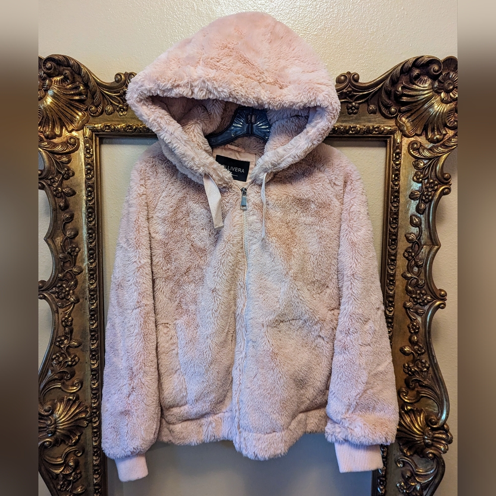 PLUSH BABY PINK HOODED COAT SZ L